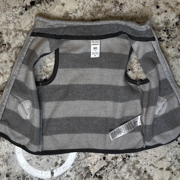 *GENTLY WORN* Carter's 6M Gray Zip-Up Striped Raccoon Vest - Picture 3 of 5